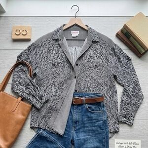 Vintage FOCUS 100% Silk Mixed Print Button Up Blouse with Clover & Stripes